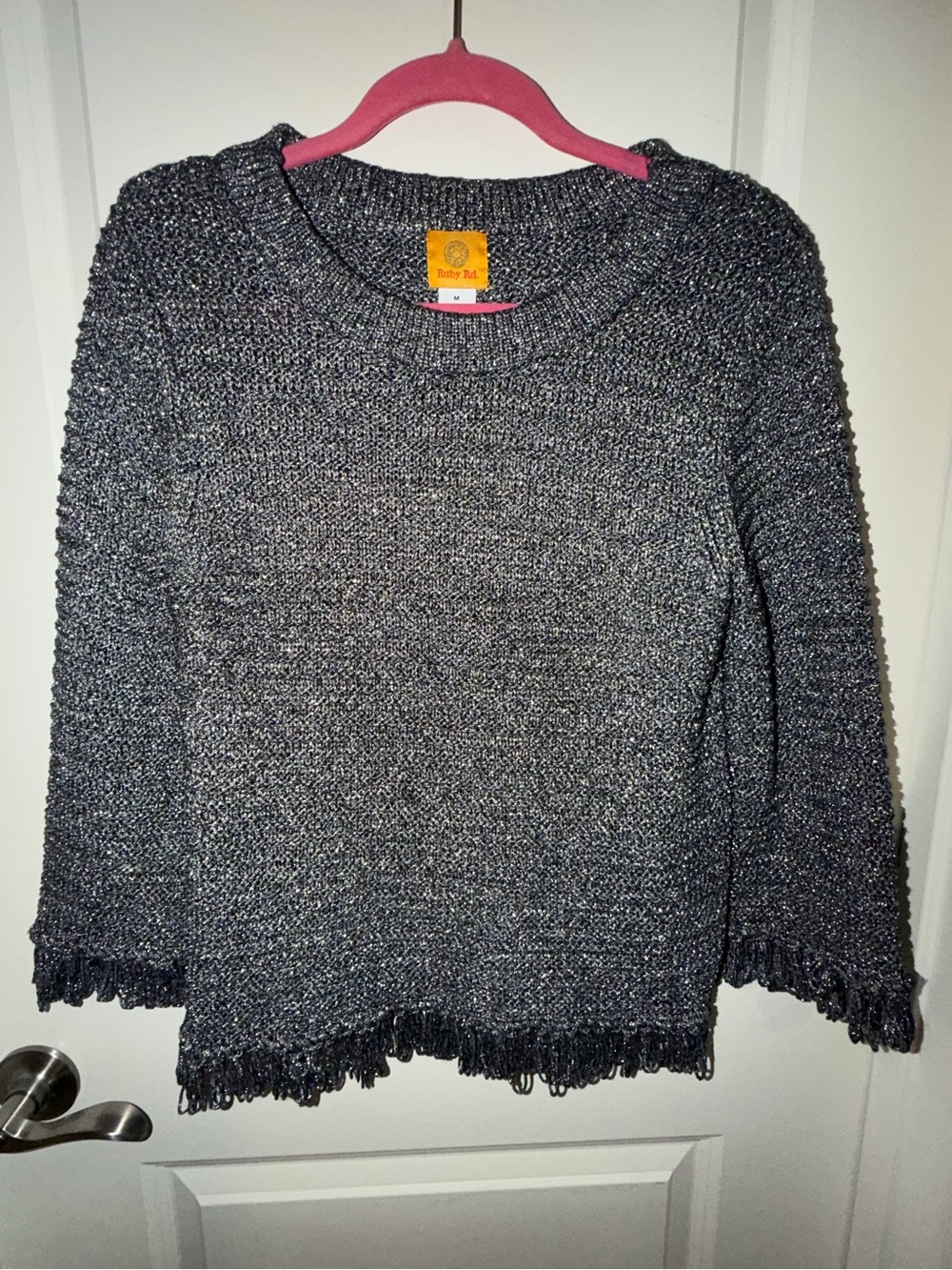 Ruby Rd. Metallic Gray Crewneck Sweater with Fringe
